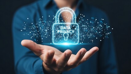 Digital data privacy padlock in hand, security protection concept
