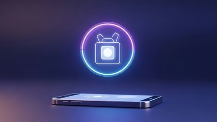 Glowing neon backpack icon over smartphone, mobile app concept