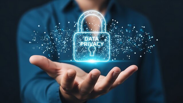 Digital data privacy padlock in hand, security protection concept