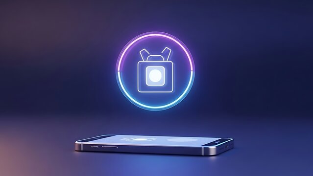 Glowing neon backpack icon over smartphone, mobile app concept