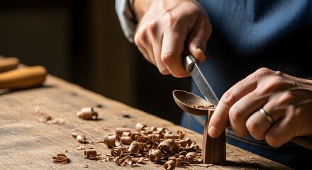 Close up of a person carving a wooden spoon with a sharp knife on a rustic workbench for craftsmanship concept and traditional hobby