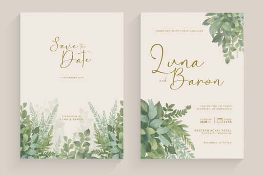 Aesthetic Wedding Invitation with Watercolor Greenery Leaves and branch