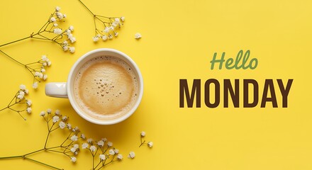 Hello Monday Greeting with Coffee Cup and Delicate White Flowers on Yellow Background text typography