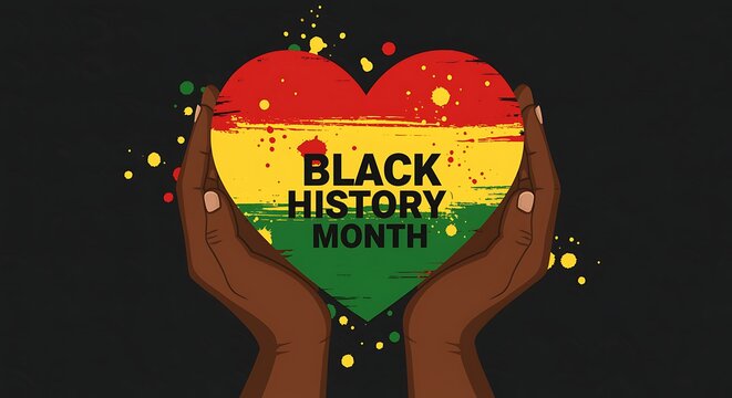 Hands holding a heart with Black History Month text and Pan- African colors love support