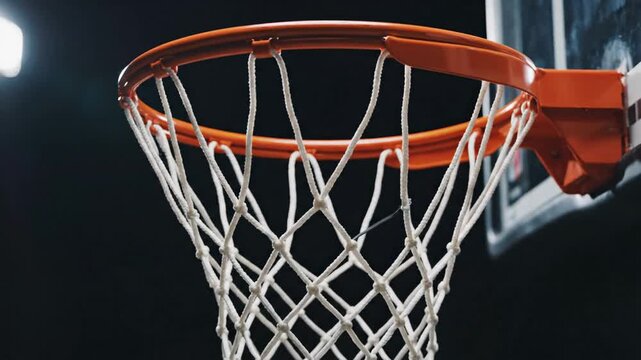 Close up view of a basketball hoop net and rim with backboard detail