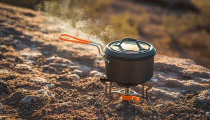 Outdoor camp cooking with a steaming pot on portable stove in the desert