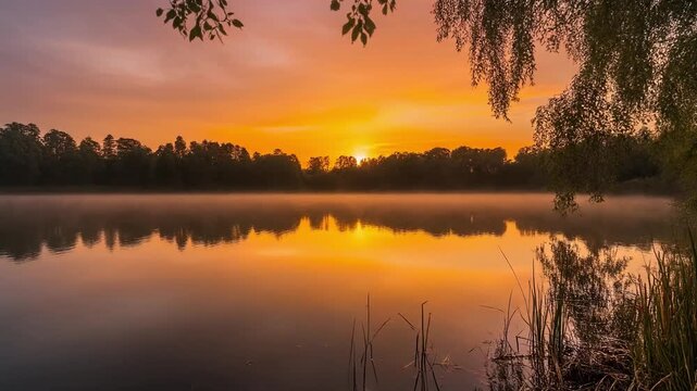 夕日が静かな湖面に映り込むノスタルジックな暖色の光