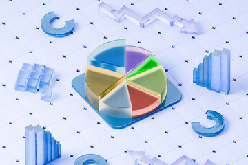 3D financial performance bar and pie charts, results 