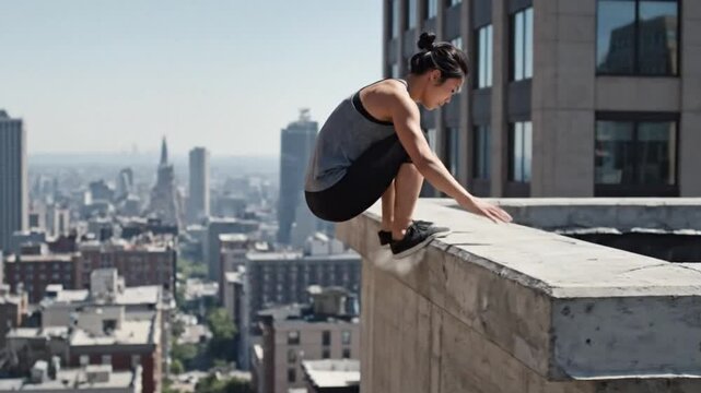 Dynamic parkour action in urban landscape ai generated generative ai artwork captivating leap over rooftops