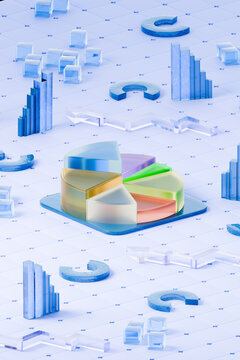 3D financial performance bar and pie charts, results 