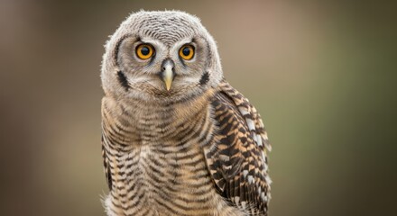 Fototapeta premium Close-up Portrait of a Young Owl with Piercing Eyes and Detailed Fluffy Plumage in a Soft Natural Setting