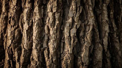 Obraz premium Close-up textured tree trunk with deep grooves under soft natural light.