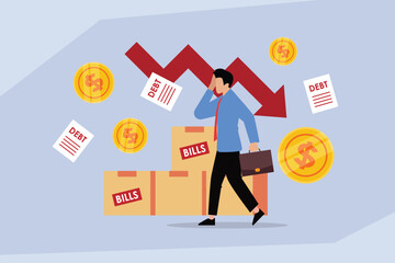Stressed Businessman Dealing with Debt, Bills, and Financial Crisis with Downward Graph 2d flat vector illustration