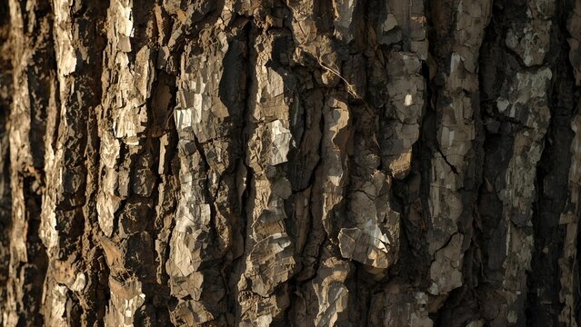 Close-up textured tree trunk with deep grooves under soft natural light.