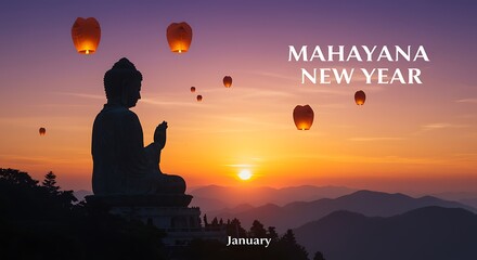 Mahayana New Year with Buddha statue and sky lanterns at sunset January