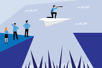 Visionary Leadership and Future Strategy: Paper Plane Over Chasm 2d flat vector illustration