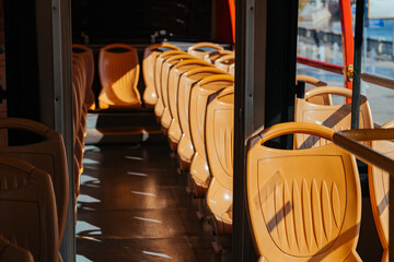 Daytime bus interior with orange seats