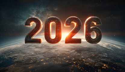 High quality photo of glowing numbers 2026 floating above planet earth in space