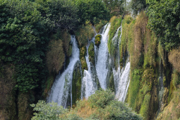 A peaceful waterfall cascading over moss-covered rocks surrounded by dense greenery, creating a refreshing and serene natural landscape.