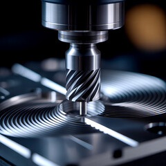 A CNC five-axis milling machine is precisely machining a metallic component on its table