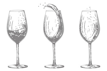 vector sketch Whiskey wine glass with alcohol liquid splash illustration. Bar menu design elements. Eps 10