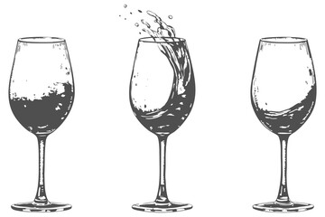 vintage style wine glasses with alcohol liquid splash for modern bar menu design. vector illustration. Eps 10