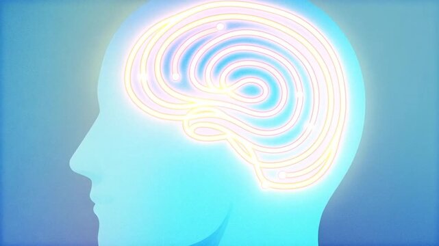 silhouette of a head with glowing swirling lines inside, representing focus and clarity, modern vector style rendering, soft gradients, hypnotism mind visualization