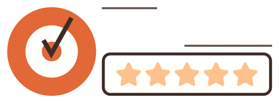 Orange circle with checkmark and five-star rating bar. Ideal for quality, trust, review, customer satisfaction, validation, rating, success in business. Clean simple flat metaphor