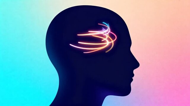 silhouette of a head with glowing swirling lines inside, representing focus and clarity, modern vector style rendering, soft gradients, hypnotism mind visualization