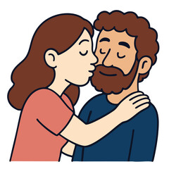 Woman kissing bearded man on cheek, couple showing affection, happy romantic relationship