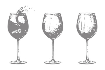 Whiskey wine glasses with alcohol liquid splash. Bar menu design elements vector illustration. Eps 10