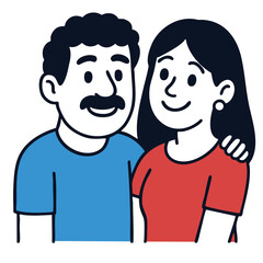 Happy couple smiling together, man with mustache and woman with long hair, casual clothing