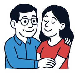 Happy couple smiling, man with glasses hugging woman, both wearing casual clothes, affectionate