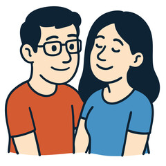Smiling couple illustration, man with glasses and woman with long hair, happy expression