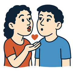 Fototapeta premium Woman blowing kiss to man with heart symbol, romantic couple, love, affection, cartoon style