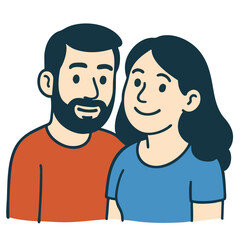 Smiling couple illustration, man with beard and woman with long hair, casual clothing