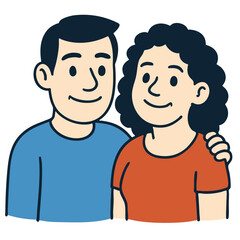 Smiling couple illustration, man with short hair and woman with curly hair, casual clothing