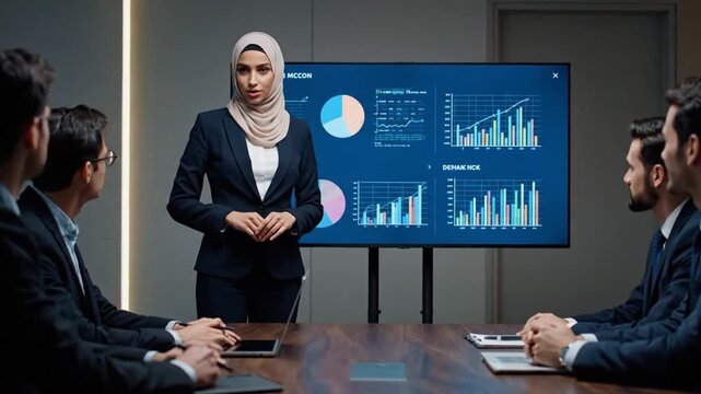 Presenting Financial Data by Professional Woman in Hijab to Business Team