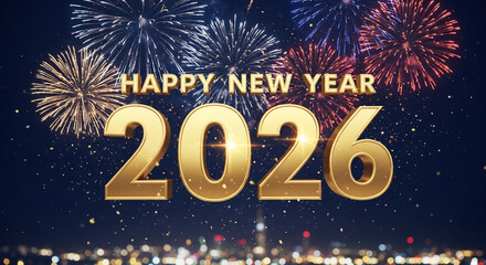Happy New Year 2026 celebration with golden numbers and fireworks display over city lights festive background for holiday greetings
