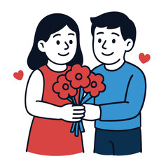 Couple holding bouquet smiling romantic love happy together cartoon red heart