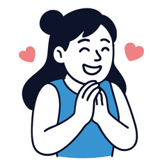 Happy woman smiling with hands clasped, hearts floating, expressing joy and affection