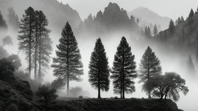 Trees stand on a hill with a foggy mountain background in monochrome.