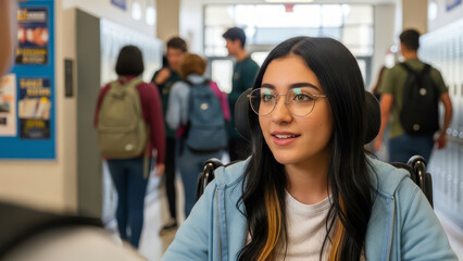 Young woman student with disability in school hallway