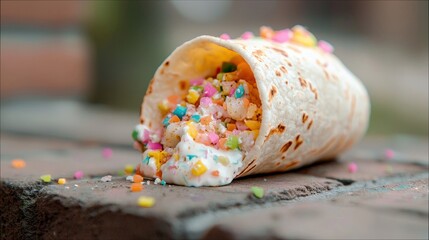 Close-up shot of a dessert taco spilling its colorful filling onto a brick surface. The taco is made of a tortilla and filled with sweet ingredients and sprinkl