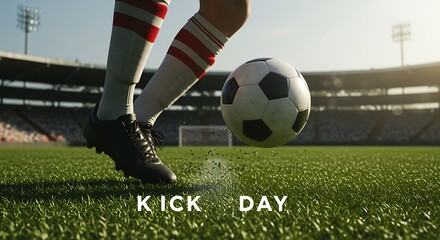 Soccer player kicking a ball on a green field in a stadium during a game football