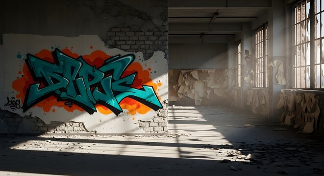 Vibrant graffiti art illuminating a decaying wall in an abandoned industrial building with dramatic sun rays for an urban exploration concept and gritty atmosphere