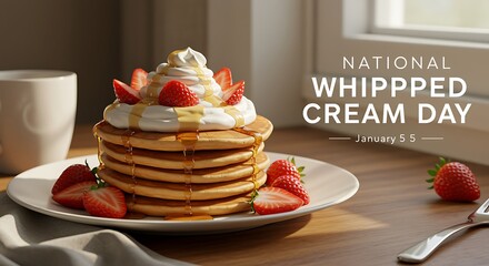 Stack of pancakes with whipped cream strawberries and caramel sauce for National Whipped Cream Day image