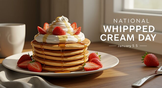 Stack of pancakes with whipped cream strawberries and caramel sauce for National Whipped Cream Day image - Powered by Adobe