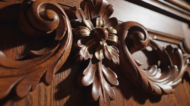 Intricate wood carving detail on antique furniture panel with warm lighting