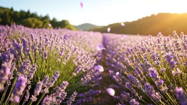 Lavender Field Petals Falling at Sunset Slow Motion